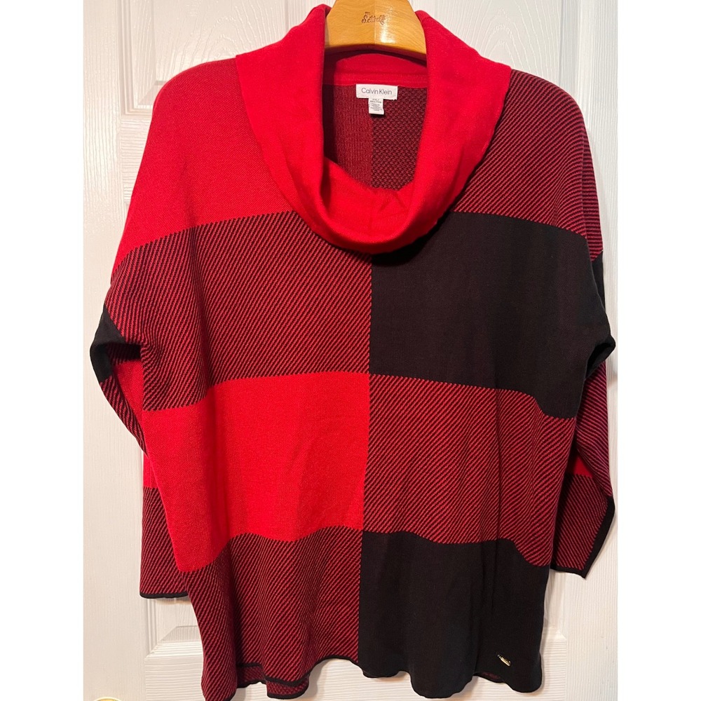 Calvin Klein Womens Red Black Buffalo Plaid Cowl Neck Sweater XXL NEW C9HS6040